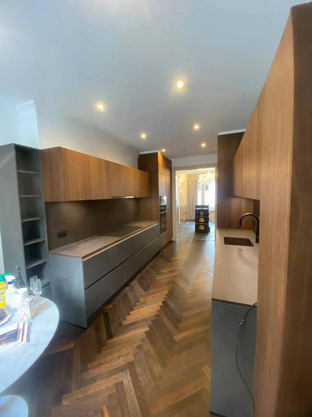 Wood-effect galley kitchen from the Matthew 633 project gallery